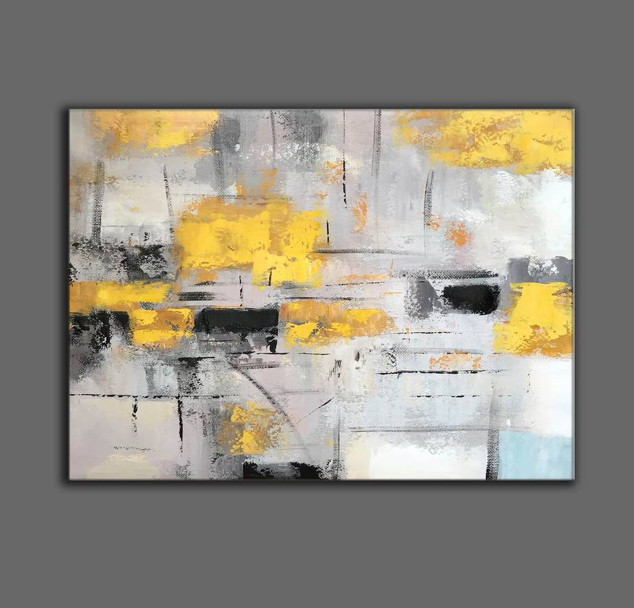 Yellow Hand-painted Original Room Gray Dining Abstract Canvas Artwork IMP1Z